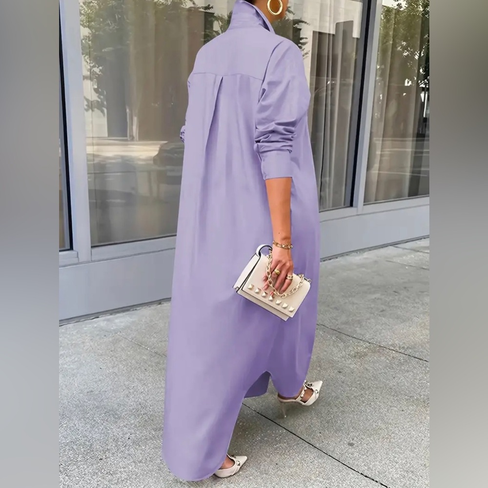 Purple Long Sleeve Collar Dress for Casual Street Grace Maxi Shirt Dress - Picture 2 of 4